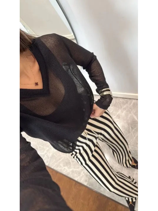 V Yaka uzun Kollu Triko ince Bluz - Siyah