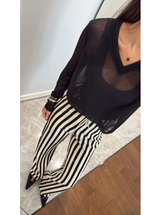 V Yaka uzun Kollu Triko ince Bluz - Siyah