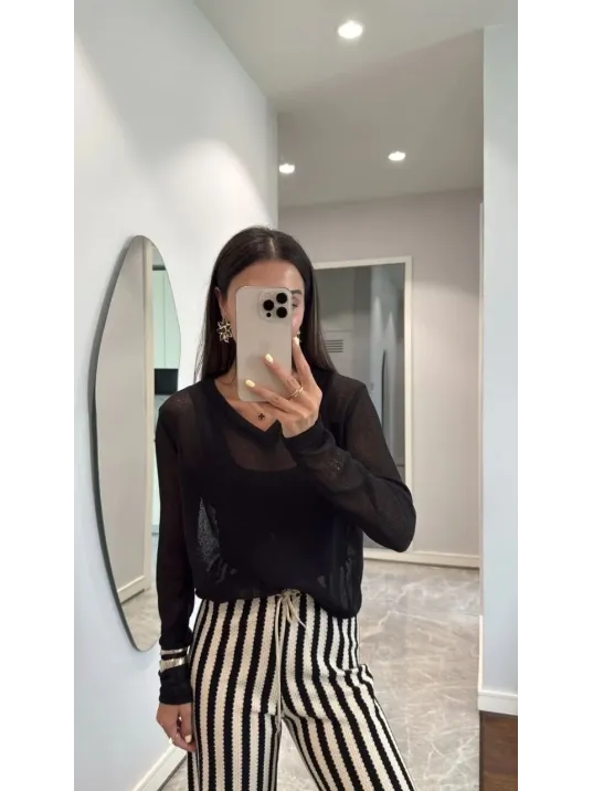 V Yaka uzun Kollu Triko ince Bluz - Siyah