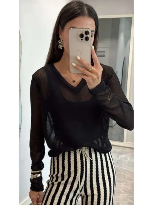 V Yaka uzun Kollu Triko ince Bluz - Siyah