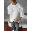 Ön ve Arka Baskılı Oversize Bisiklet Yaka T-shirt- Beyaz