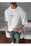 Ön Ve Arka Baskılı Oversize Bisiklet Yaka T-shirt- Beyaz