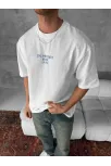 Ön Ve Arka Baskılı Oversize Bisiklet Yaka T-shirt- Beyaz