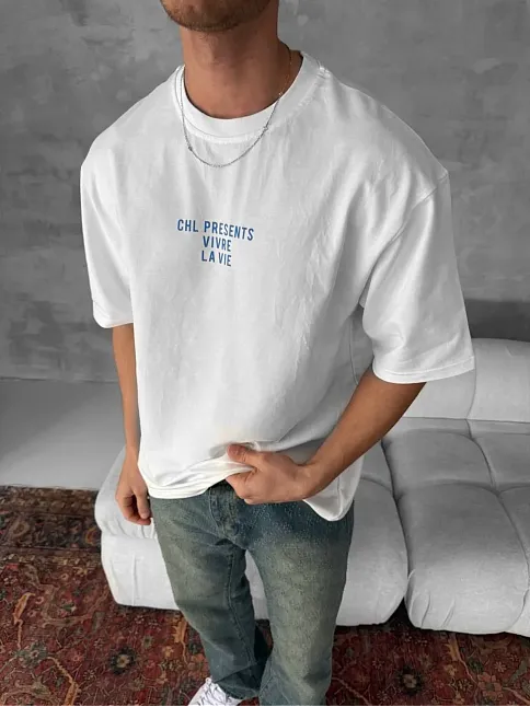 Ön Ve Arka Baskılı Oversize Bisiklet Yaka T-shirt- Beyaz