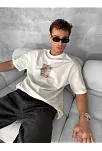 Ön Ve Arka Baskılı Oversize Bisiklet Yaka T-shirt - Beyaz