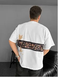 Ön Ve Arka Baskılı Oversize Bisiklet Yaka T-shirt - Beyaz