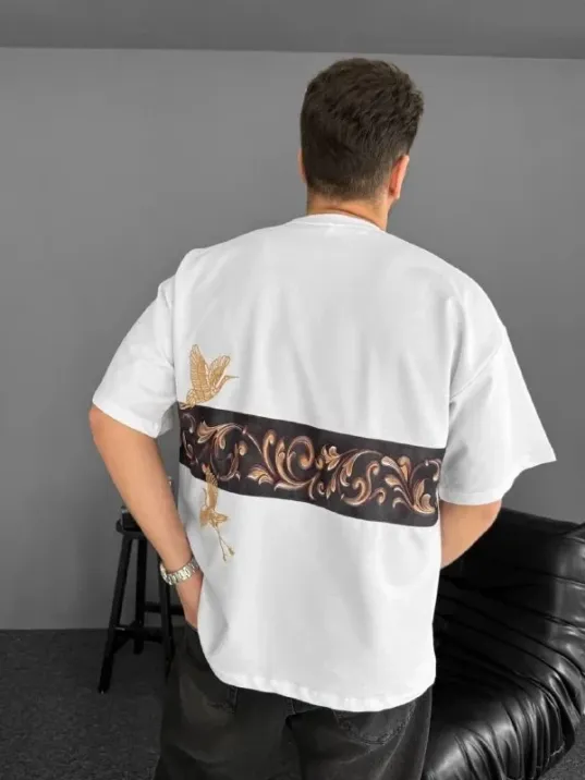 Ön ve Arka Baskılı Oversize Bisiklet Yaka T-shirt - Beyaz Ön ve Arka Baskılı Oversize Bisiklet Yaka T-shirt - Beyaz