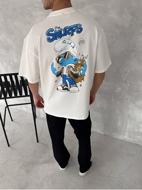 Ön Ve Arka Baskılı Oversize Bisiklet Yaka T-shirt- Beyaz
