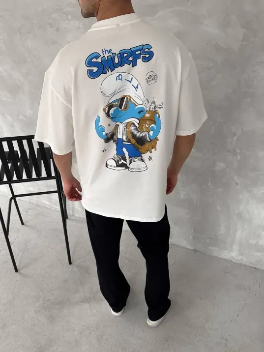 Ön ve Arka Baskılı Oversize Bisiklet Yaka T-shirt- Beyaz Ön ve Arka Baskılı Oversize Bisiklet Yaka T-shirt- Beyaz