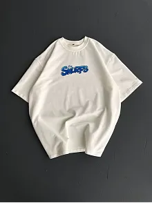 Ön Ve Arka Baskılı Oversize Bisiklet Yaka T-shirt- Beyaz