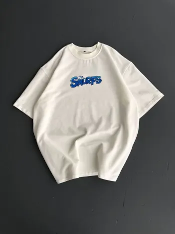 Ön ve Arka Baskılı Oversize Bisiklet Yaka T-shirt- Beyaz Ön ve Arka Baskılı Oversize Bisiklet Yaka T-shirt- Beyaz