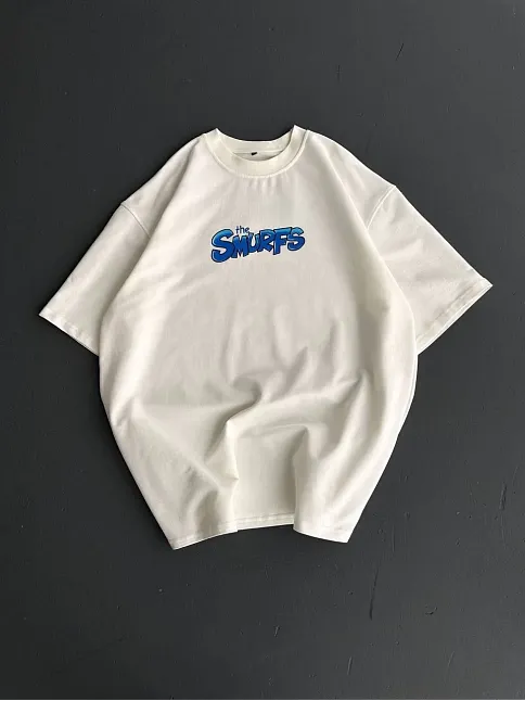 Ön Ve Arka Baskılı Oversize Bisiklet Yaka T-shirt- Beyaz