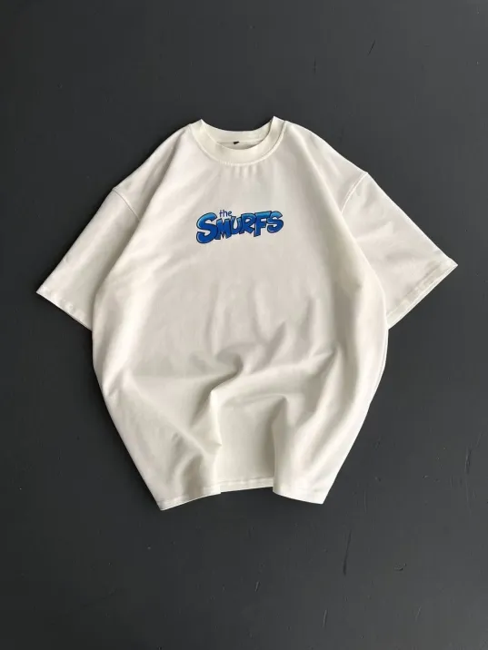 Ön ve Arka Baskılı Oversize Bisiklet Yaka T-shirt- Beyaz Ön ve Arka Baskılı Oversize Bisiklet Yaka T-shirt- Beyaz