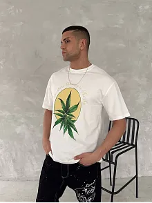 Ön Ve Arka Baskılı Oversize Bisiklet Yaka T-shirt- Beyaz