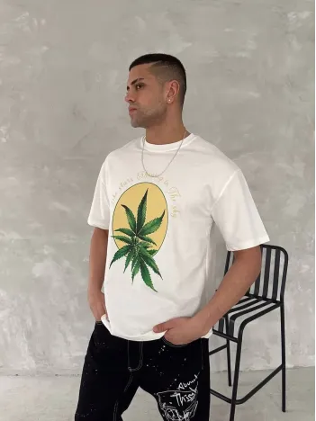 Ön ve Arka Baskılı Oversize Bisiklet Yaka T-shirt- Beyaz