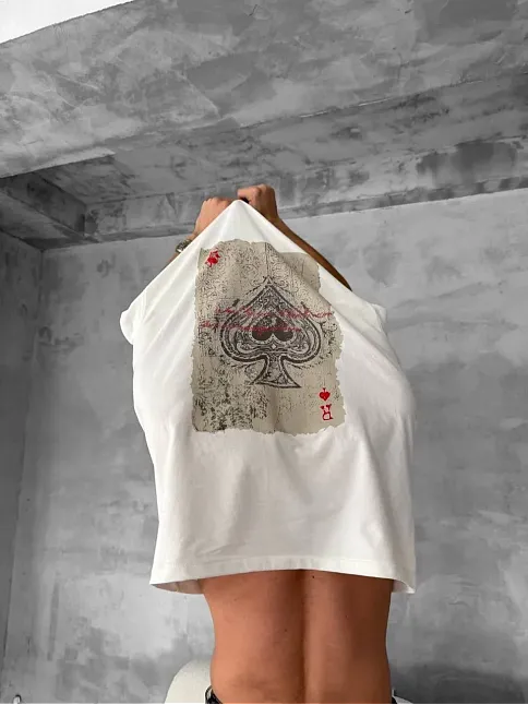 Ön Ve Arka Baskılı Oversize Bisiklet Yaka T-shirt - Beyaz