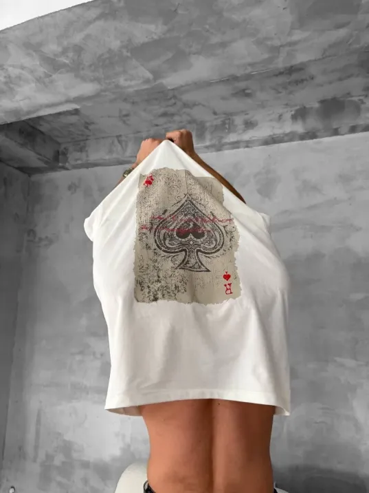 Ön ve Arka Baskılı Oversize Bisiklet Yaka T-shirt - Beyaz Ön ve Arka Baskılı Oversize Bisiklet Yaka T-shirt - Beyaz