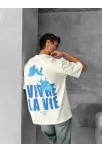 Ön Ve Arka Baskılı Oversize Bisiklet Yaka T-shirt- Beyaz