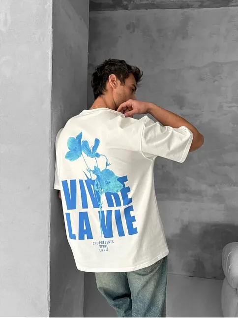 Ön Ve Arka Baskılı Oversize Bisiklet Yaka T-shirt- Beyaz