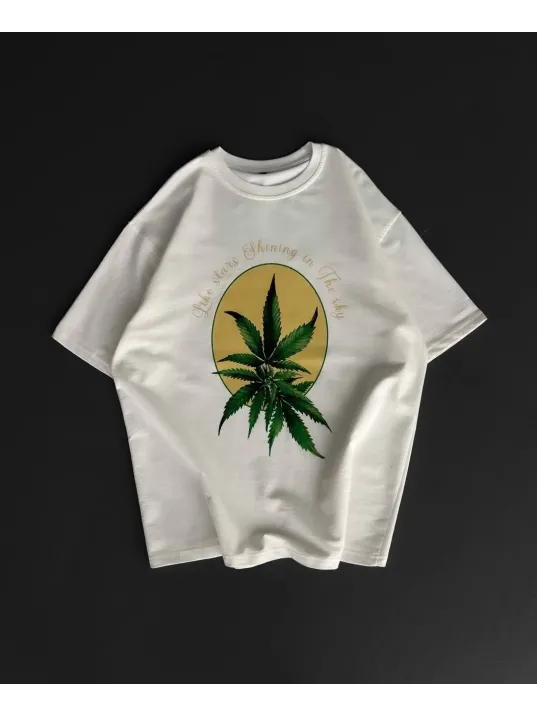 Ön ve Arka Baskılı Oversize Bisiklet Yaka T-shirt- Beyaz Ön ve Arka Baskılı Oversize Bisiklet Yaka T-shirt- Beyaz