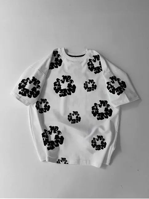 Ön Ve Arka Baskılı Oversize Bisiklet Yaka T-shirt- Beyaz