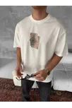 Ön Ve Arka Baskılı Oversize Bisiklet Yaka T-shirt - Beyaz