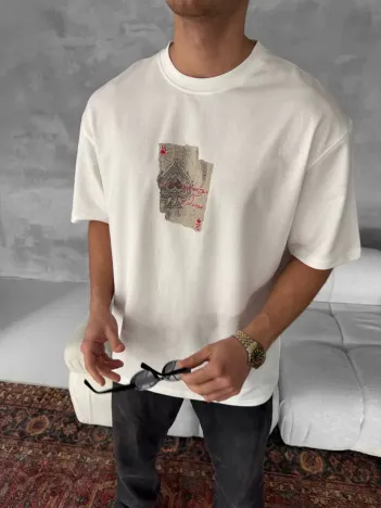 Ön ve Arka Baskılı Oversize Bisiklet Yaka T-shirt - Beyaz Ön ve Arka Baskılı Oversize Bisiklet Yaka T-shirt - Beyaz