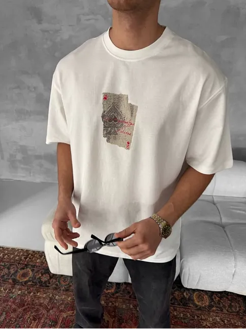 Ön Ve Arka Baskılı Oversize Bisiklet Yaka T-shirt - Beyaz