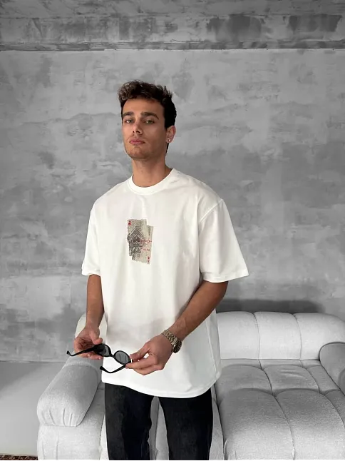 Ön Ve Arka Baskılı Oversize Bisiklet Yaka T-shirt - Beyaz