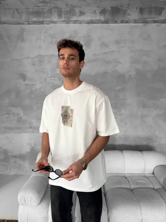 Ön ve Arka Baskılı Oversize Bisiklet Yaka T-shirt - Beyaz Ön ve Arka Baskılı Oversize Bisiklet Yaka T-shirt - Beyaz