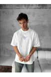 Ön Ve Arka Baskılı Oversize Bisiklet Yaka T-shirt- Beyaz