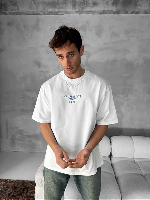 Ön Ve Arka Baskılı Oversize Bisiklet Yaka T-shirt- Beyaz