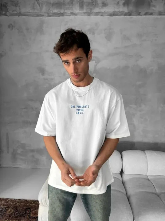 Ön ve Arka Baskılı Oversize Bisiklet Yaka T-shirt- Beyaz Ön ve Arka Baskılı Oversize Bisiklet Yaka T-shirt- Beyaz