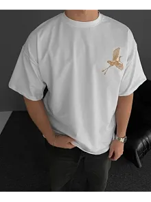 Ön Ve Arka Baskılı Oversize Bisiklet Yaka T-shirt - Beyaz