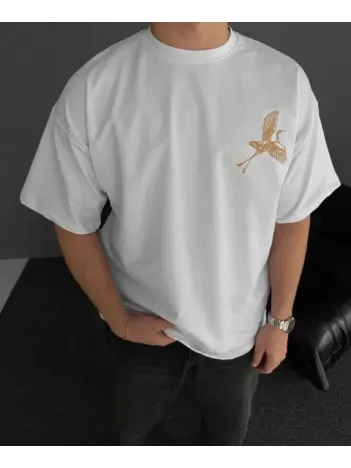 Ön ve Arka Baskılı Oversize Bisiklet Yaka T-shirt - Beyaz