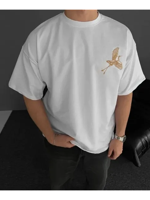 Ön Ve Arka Baskılı Oversize Bisiklet Yaka T-shirt - Beyaz