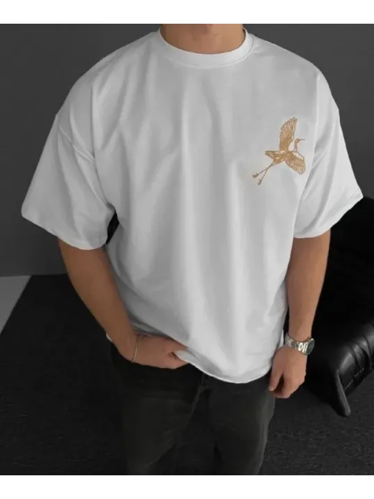 Ön ve Arka Baskılı Oversize Bisiklet Yaka T-shirt - Beyaz