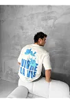Ön Ve Arka Baskılı Oversize Bisiklet Yaka T-shirt- Beyaz