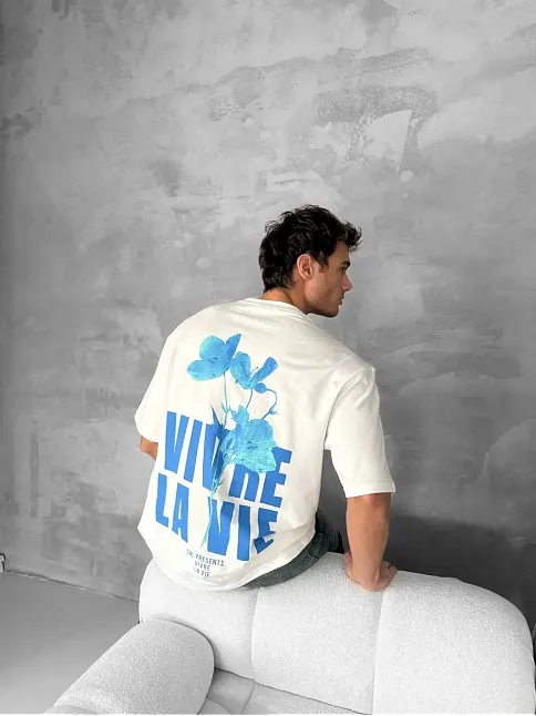 Ön Ve Arka Baskılı Oversize Bisiklet Yaka T-shirt- Beyaz
