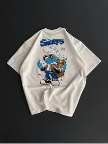 Ön Ve Arka Baskılı Oversize Bisiklet Yaka T-shirt- Beyaz