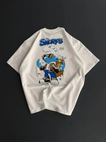 Ön ve Arka Baskılı Oversize Bisiklet Yaka T-shirt- Beyaz