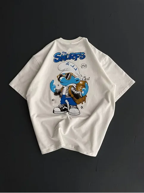 Ön Ve Arka Baskılı Oversize Bisiklet Yaka T-shirt- Beyaz