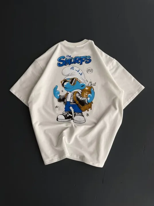 Ön ve Arka Baskılı Oversize Bisiklet Yaka T-shirt- Beyaz Ön ve Arka Baskılı Oversize Bisiklet Yaka T-shirt- Beyaz