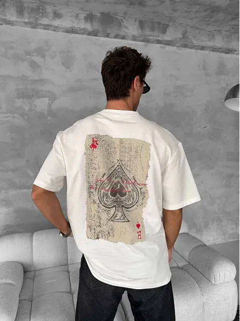 Ön Ve Arka Baskılı Oversize Bisiklet Yaka T-shirt - Beyaz