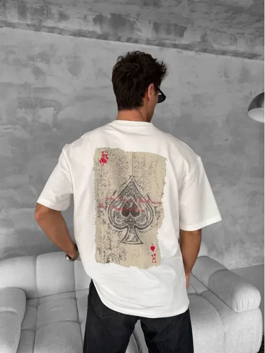 Ön ve Arka Baskılı Oversize Bisiklet Yaka T-shirt - Beyaz Ön ve Arka Baskılı Oversize Bisiklet Yaka T-shirt - Beyaz