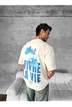 Ön Ve Arka Baskılı Oversize Bisiklet Yaka T-shirt- Beyaz