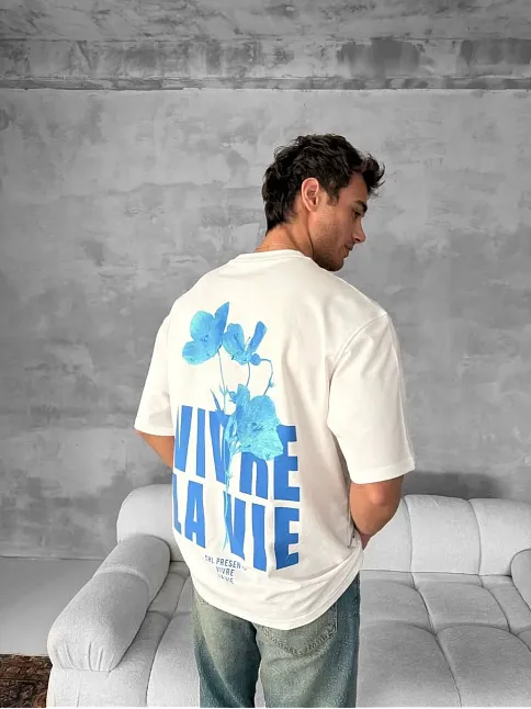 Ön Ve Arka Baskılı Oversize Bisiklet Yaka T-shirt- Beyaz