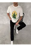 Ön Ve Arka Baskılı Oversize Bisiklet Yaka T-shirt- Beyaz
