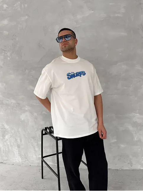 Ön Ve Arka Baskılı Oversize Bisiklet Yaka T-shirt- Beyaz