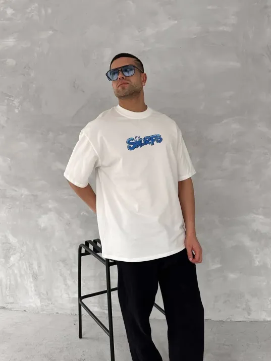 Ön ve Arka Baskılı Oversize Bisiklet Yaka T-shirt- Beyaz Ön ve Arka Baskılı Oversize Bisiklet Yaka T-shirt- Beyaz